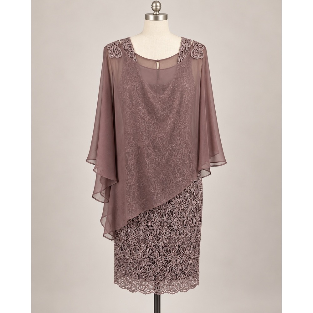 Ignite Evenings Carol Lin Mauve Lace Sheath Dress with Chiffon Poncho Set 16